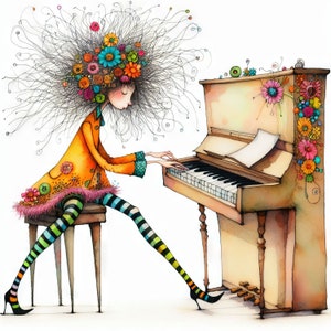 Clip art de una peculiar pianista (10 archivos JPG en acuarela de alta resolución) para diario basura, scrapbooking, creación de tarjetas, kit de descarga digital, fantasía, caprichoso