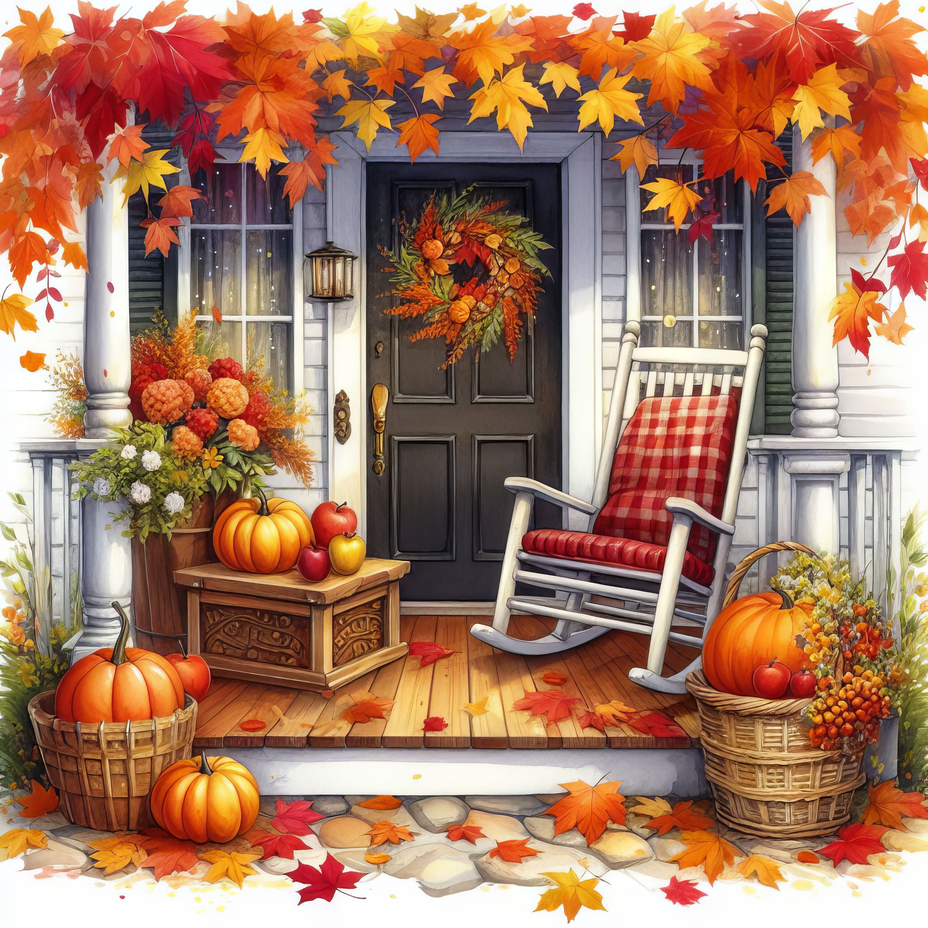 Front Porch in Fall: 10 High Res Watercolor Jpgs, Junk Journaling ...