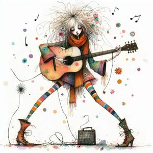 Eigenzinnige Guitar Girl Art 10 high-res aquarel JPGs ongewenste journaling, scrapbooking, kaarten maken, websites, digitale download, fantasie, grillig