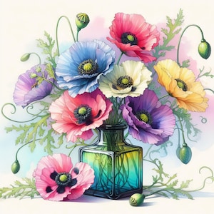 May include: A watercolor painting of a bouquet of colorful poppies in a square glass vase. The poppies are in shades of pink, red, blue, yellow, purple, and white. The vase has a gradient of green and blue. Green leaves and buds surround the flowers.