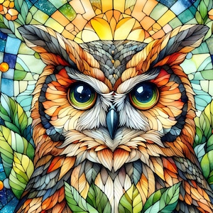 Peut inclure: Une illustration colorée de style vitrail représentant un hibou avec de grands yeux ronds verts. Les plumes du hibou sont représentées dans des tons d'orange, de brun et de gris. L'arrière-plan présente un motif de vitrail avec des nuances de bleu, de vert et de jaune.