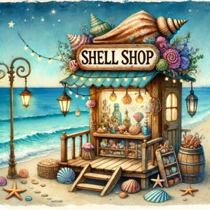 May include: A whimsical seaside shop with a sign that reads "SHELL SHOP". The shop is decorated with seashells, starfish, and other nautical items. There are shelves filled with various shells and other treasures. The shop is located on a sandy beach with blue water in the background.