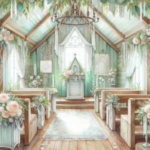 Green Wedding Chapel 10 High Res Watercolor JPGs Junk Journaling Scrapbooking Card Making Digital Download Fantasy