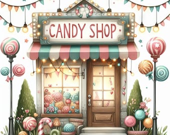 Negozio di caramelle Clip Art 10 JPG ad alta risoluzione in acquerello Junk Journaling, Scrapbooking, Creazione di biglietti, Arte digitale del camper, Fantasy, Stravagante