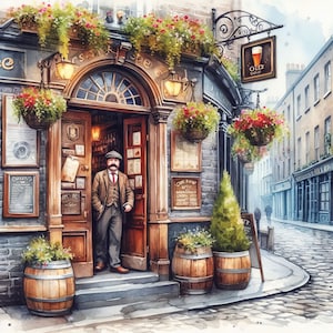 Irish Pub Clip Art 10 hochauflösende JPGs in Aquarellfarben für Junk Journaling, Scrapbooking, Kartenherstellung, Digital Download Kit