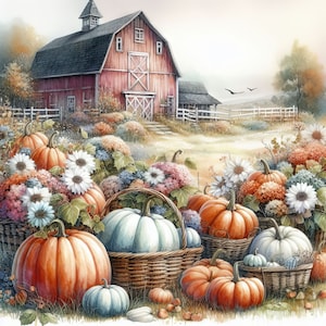 May include: A painting of a red barn with a white picket fence and a field of pumpkins. The pumpkins are various sizes and colors, including orange, green, and white. There are also flowers in the field, including white daisies and purple flowers.