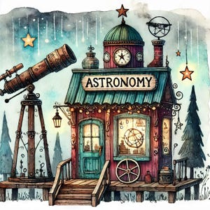 Astronomy Shop 10 High Res Watercolor JPGs Junk Journaling, Scrapbooking, Card Making, Digital Download Kit, Fantasy, Whimsical, Vinyl