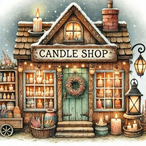 May include: A quaint candle shop storefront with a wooden facade, a green door, and a sign that reads "CANDLE SHOP". The shop windows are filled with rows of candles in various sizes and colors. There are also decorative elements like a wreath and string lights.