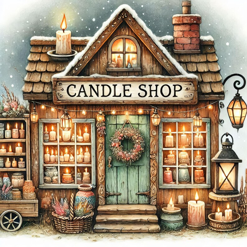 May include: A quaint candle shop storefront with a wooden facade, a green door, and a sign that reads "CANDLE SHOP". The shop windows are filled with rows of candles in various sizes and colors. There are also decorative elements like a wreath and string lights.