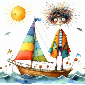 Op de afbeelding: Een grillige aquarel-illustratie van een kleurrijk zeilboot met een regenboogzeil, een felgele zon en een cartoonfiguur met blauw haar en een gestreept shirt dat op het dek staat. Het personage draagt ​​een geel en blauw jack en een rood-wit gestreepte broek.