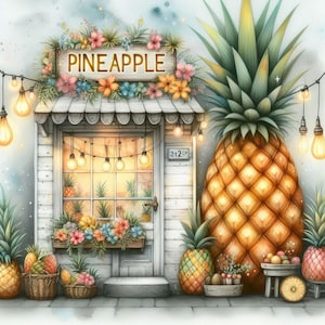 Könnte beinhalten: Aquarell-Illustration eines Ananas-Ladens mit dem Wort "PINEAPPLE" über der Tür. Der Laden ist mit Blumen und Lichterketten geschmückt. Ananas und Obstkörbe werden draußen ausgestellt.