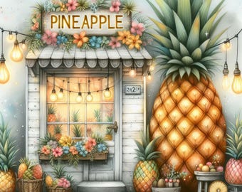 Pineapple Shop: 10 High Res Watercolor JPGs, Junk Journaling, Scrapbooking, Card Making, Digital Art, Fantasy, Whimsical
