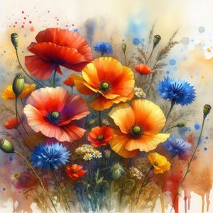Mohnblumen und Kornblumen 10 hochauflösende JPGs in Aquarellfarben, Junk Journaling, Kartenherstellung, digitaler Download, wunderlich, Fantasie, digitale Kunst