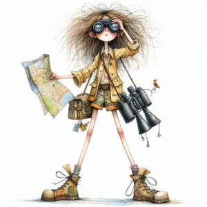 Könnte beinhalten: Ein Mädchen mit langen braunen Haaren, das eine Khakijacke, Shorts und Wanderschuhe trägt, hält eine Karte und ein Fernglas. Sie schaut durch das Fernglas mit einem ernsten Gesichtsausdruck.