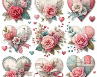 Peut inclure: Neuf motifs décoratifs en forme de cœur avec des embellissements floraux et des détails complexes. Chaque cœur présente un arrangement floral différent avec des roses roses, des feuilles vertes et des accents délicats. Les cœurs sont parfaits pour le bricolage, le scrapbooking ou pour ajouter une touche de charme vintage à tout projet.