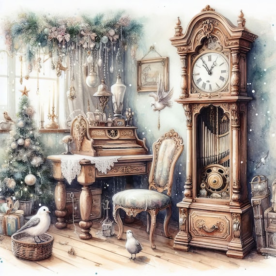 Victorian Grandfather Clock: Clip Art, 10 High Res Watercolor Jpgs