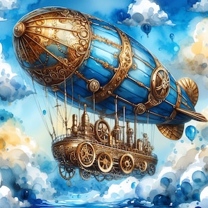 May include: A watercolor illustration of a steampunk airship. The airship features a blue and gold design with intricate details, including gears and decorative elements. It floats among clouds and small blue hot air balloons.