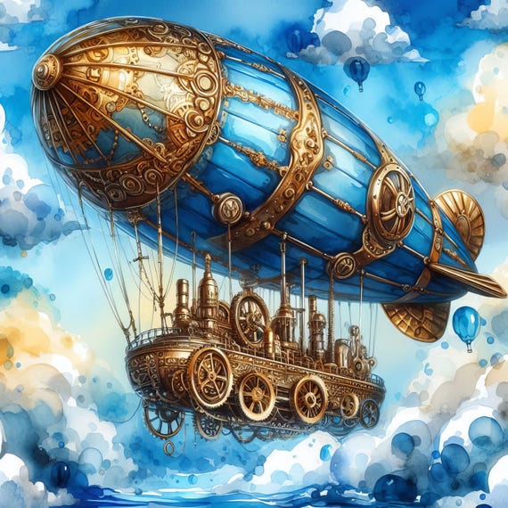 スチームパンク飛行船：高解像度水彩画JPG10枚、ジャンクジャーナル