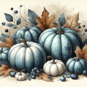 Calabazas azules: 10 imágenes prediseñadas en acuarela de alta resolución en formato JPG para diarios basura, álbumes de recortes, creación de tarjetas y kit de descarga digital.