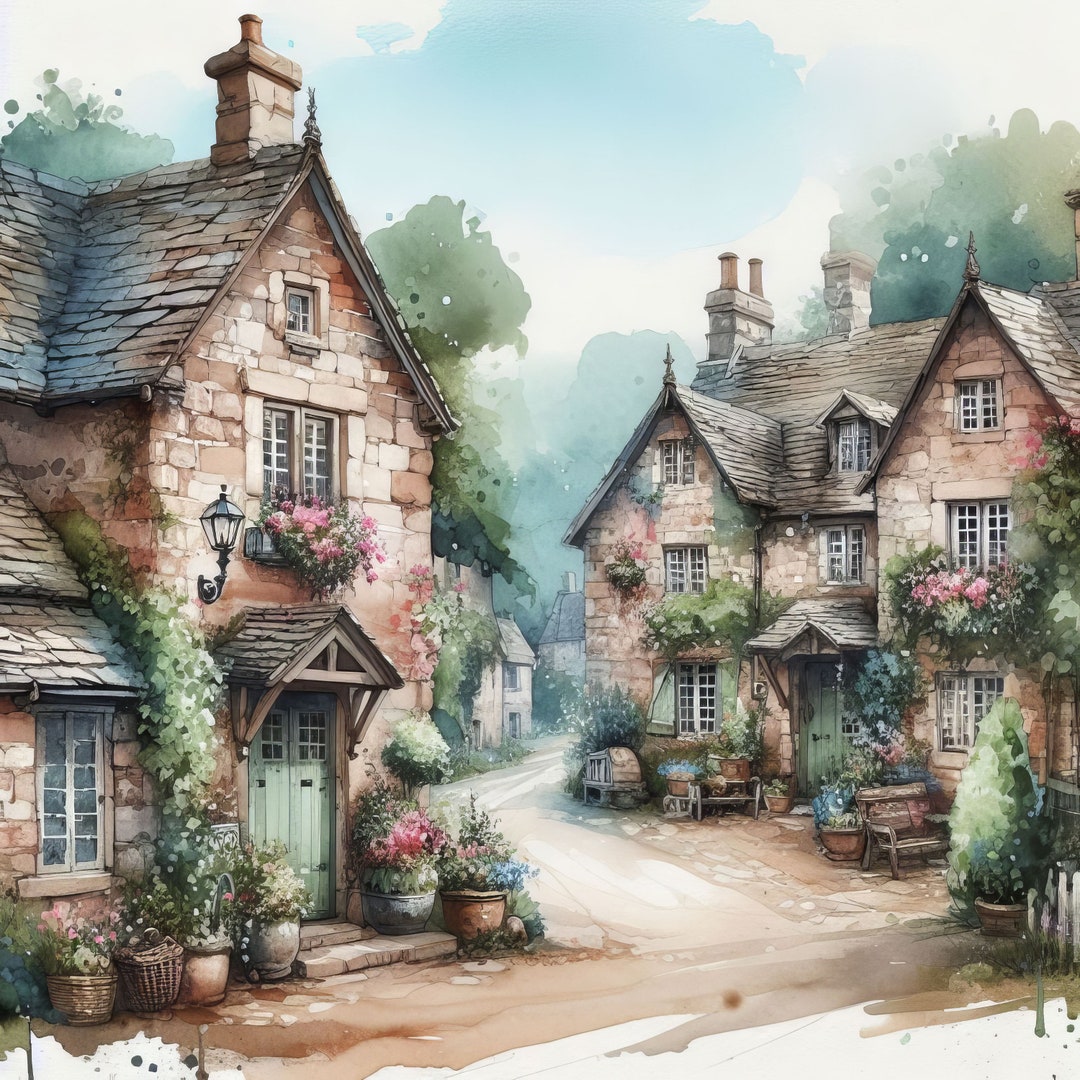 Village Multi Rustic Rustic Village: 10 High Res Watercolor Jpgs, Junk Journaling ...