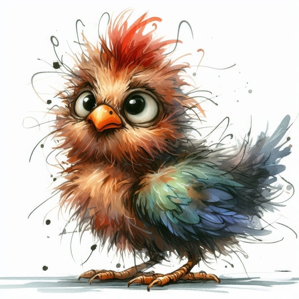 Frazzled Chick Clip Art 10 High Res Watercolor JPGs for Junk Journaling, Scrapbooking, Card Making, Digital Download Kit