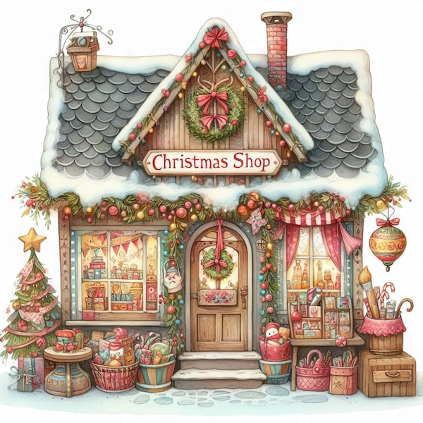 Christmas Shop: Clip Art, 10 hochauflösende JPGs in Aquarell Farben, Junk Journaling, Scrapbooking, Kartenherstellung, Digital Art, Fantasy, Skurril