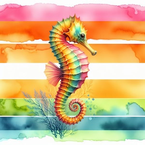 Miami Seepferd Clip Art 10 hochauflösende JPGs in Aquarellfarben für Junk Journaling, Scrapbooking, Kartenherstellung, Digital Download Kit