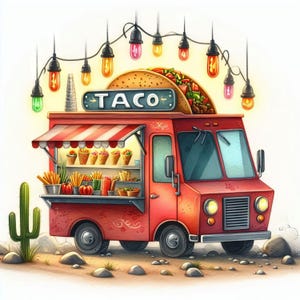 Clipart camion tacos 10 haute résolution JPG aquarelles, journalisation indésirable, scrapbooking, fabrication de cartes, téléchargement numérique camping-car, fantastique, fantaisiste