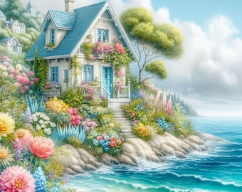 Cottage by the Sea: 10 High Res Watercolor JPGs Junk Journaling, Scrapbooking, Card Making, Posters, Digital Art, Fantasy