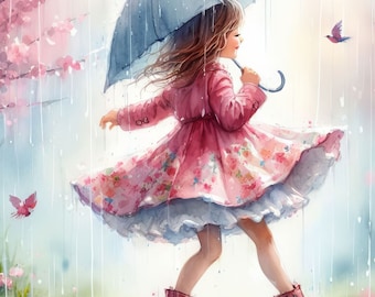 Dancing in the Spring Rain Clip Art Kit 10 High Res Watercolor JPGs for Junk Journaling, Scrapbook, Crafts, Digital Download