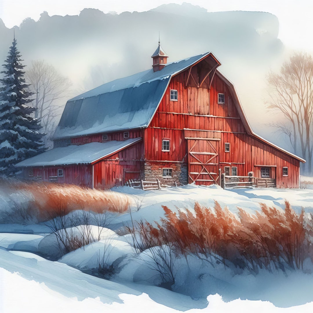 Red Barn in Winter Clip Art 10 High Res Watercolor Jpgs for Junk ...