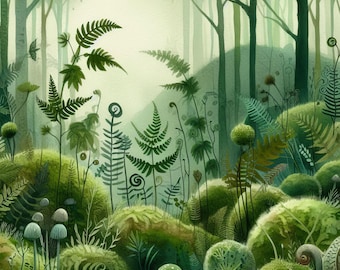 Fern Forest: 10 JPG ad acquerello ad alta risoluzione, Junk Journaling, Scrapbooking, Creazione di biglietti, Siti web, Arte digitale, Fantasy, Stravagante