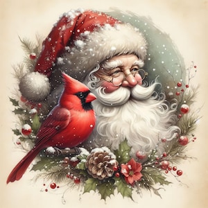 Santa com Cardinal Clip Art 10 JPGs de aquarela de alta resolução para diário de lixo, álbum de recortes, artesanato, download digital, artesanato de Natal