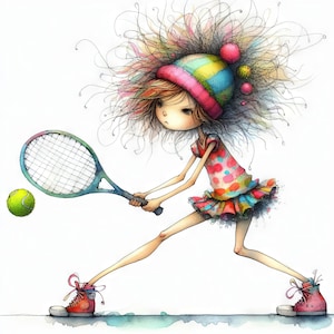 Quirky Tennis Clip Art 10 JPG ad alta risoluzione ad acquerello per Junk Journaling, Scrapbooking, Card Making, Kit di download digitale, Fantasy, Stravagante