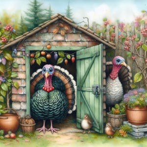 Pavos asomando: 10 archivos JPG de acuarela de alta resolución. Diario basura, scrapbooking, creación de tarjetas, descarga digital, fantasía, caprichoso, peculiar.