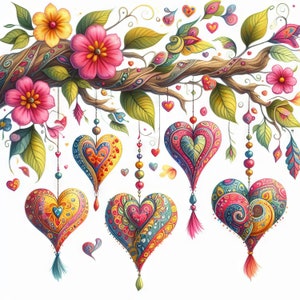 Clip Art di cuori Paisley appesi 10 JPG ad alta risoluzione per acquerelli Giornalismo spazzatura, Stravagante, Creazione di biglietti, Download digitale, Fantasy, Stravagante