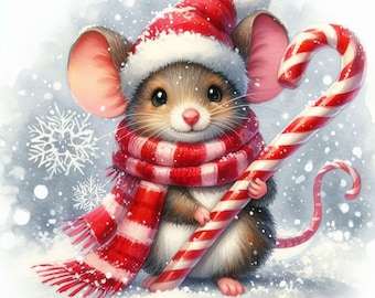 Kerstmuis met zuurstok: 10 high-res aquarel jpg's, junkjournaling, kaarten maken, digitale kunst, fantasie, grillig