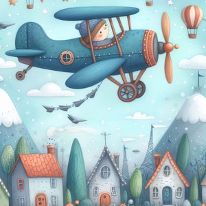 May include: A blue airplane with a pilot flying over a town with houses and trees. The sky is blue with white clouds and there are colorful balloons in the air.