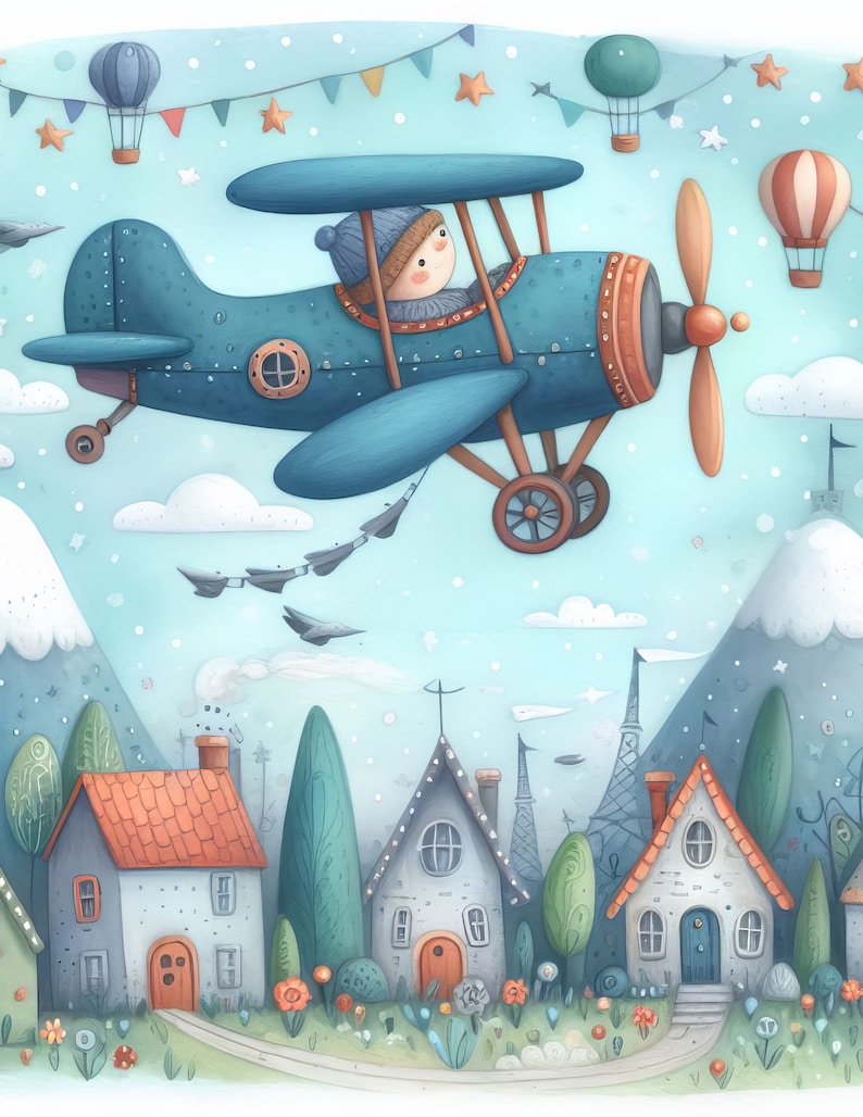 May include: A blue airplane with a pilot flying over a town with houses and trees. The sky is blue with white clouds and there are colorful balloons in the air.