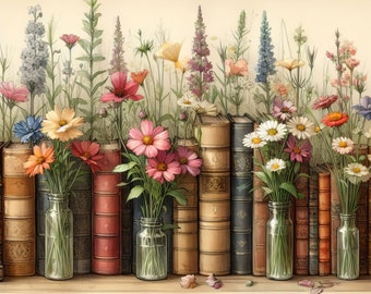 Books and Wildflowers: Clip Art Kit 10 High Res Watercolor JPGs for Junk Journaling, Scrapbooking, Paper Crafts, Digital Art