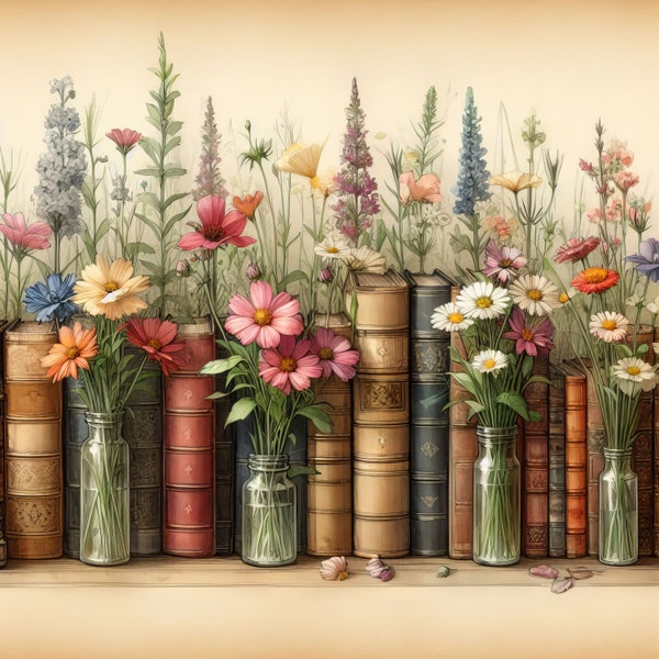 Books and Wildflowers: Clip Art Kit 10 High Res Watercolor JPGs for Junk Journaling, Scrapbooking, Paper Crafts, Digital Art