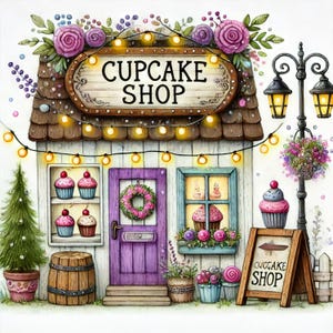 Cupcake Shop 10 wysokiej rozdzielczości akwarelowych JPG Junk Journaling, Scrapbooking, Tworzenie kartek, Zestaw do pobierania cyfrowego, Fantazja, Kapryśny, Winyl
