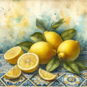 Op de afbeelding: Een aquarel schilderij van citroenen op een blauw en geel betegeld oppervlak. De citroenen zijn in een groep gerangschikt, sommige zijn doormidden gesneden, waardoor hun sappige binnenkant zichtbaar is. Het schilderij is gemaakt in een realistische stijl, met aandacht voor detail in de textuur van de citroenen en de tegels.