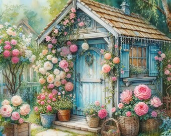 Garden Shed with Climbing Roses: Clip Art, 10 High Res Watercolor JPGs, Junk Journaling, Scrapbooking, Card Making, Digital Art, Fantasy