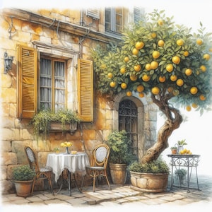 Casa amarilla con árbol frutal Clip Art 10 JPG de acuarela de alta resolución para diario basura, scrapbooking, fabricación de tarjetas, kit de descarga digital