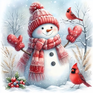 Paquete de 10 imágenes prediseñadas de muñeco de nieve en rojo con cardenal, acuarela de alta resolución, archivos JPG, diario basura, creación de tarjetas, descarga digital, caprichoso