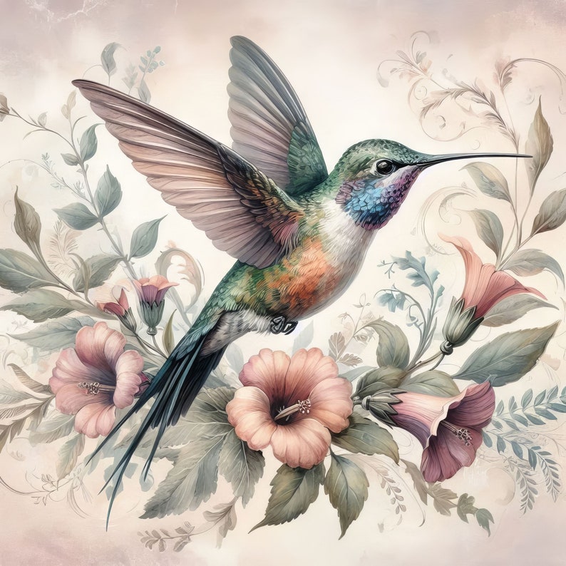 May include: A vibrant green, blue, and orange hummingbird with a long, thin beak is perched on a branch of delicate pink flowers. The flowers have green leaves and are surrounded by a soft, light pink background.