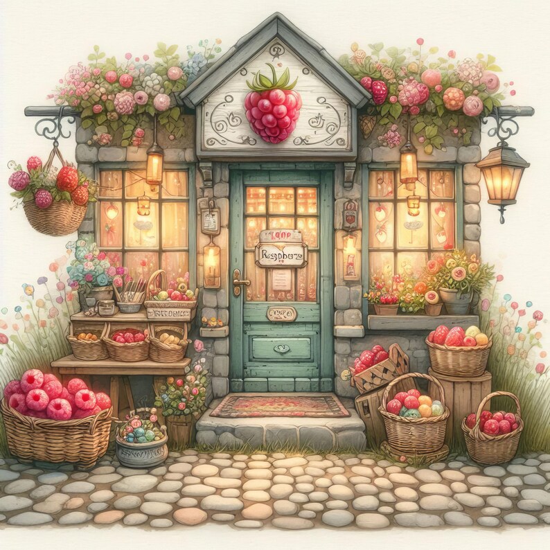 Charming Raspberry Raspberry Shop: 10 High Res Watercolor Jpgs, Junk Journaling ...
