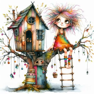 Quirky Treehouse Clip Art 10 High Res Watercolor JPGs Junk Journaling, Scrapbooking, Card Making, Digital Download Kit, Fantasy, Whimsical