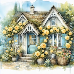 Chalé Rosa Amarela: Clipart, 10 JPGs em aquarela de alta resolução, para diário de arte, scrapbooking, criação de cartões, arte digital, fantasia e estilo lúdico.